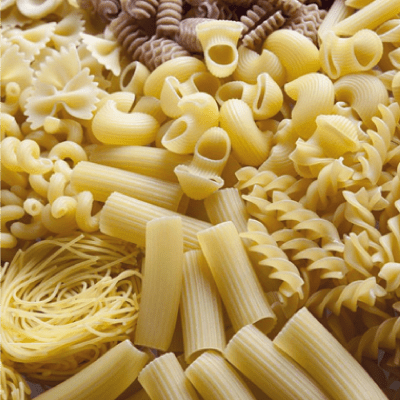 Raw fast food items with pasta, macaroni, and noodles.